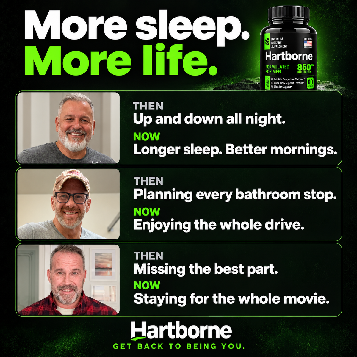 Hartborne before-and-now lifestyle graphic: sleep, travel, and time together