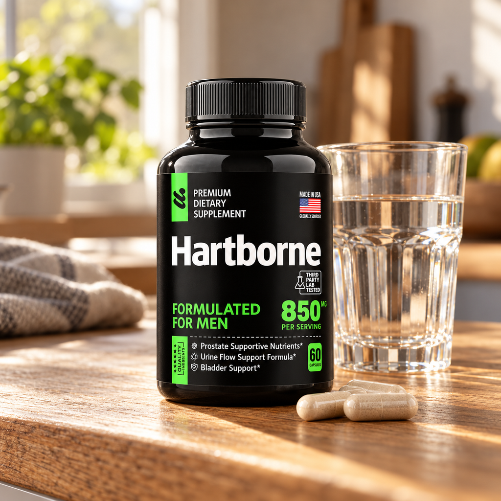 Hartborne bottle beside a glass of water in a morning kitchen