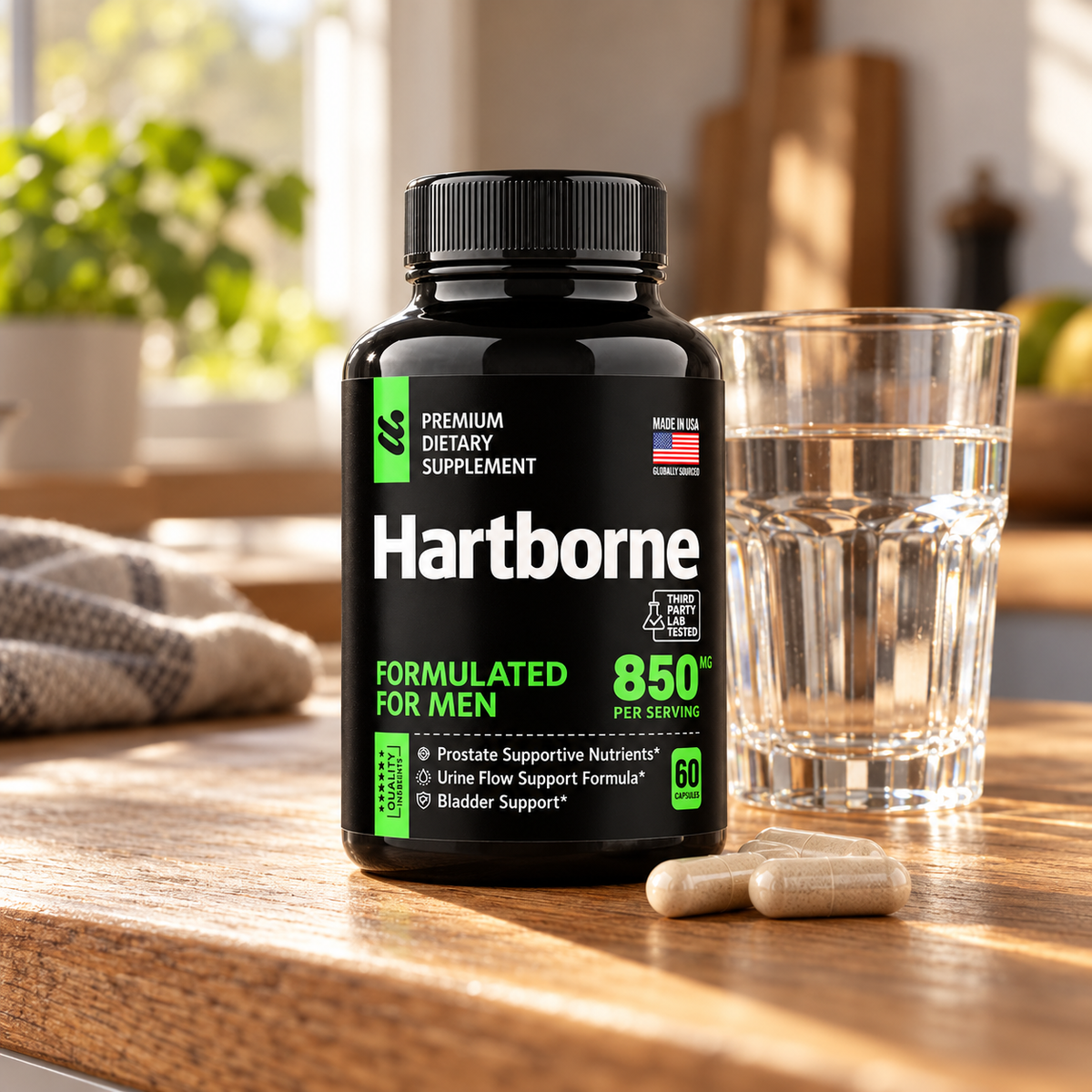 Hartborne bottle beside a glass of water in a morning kitchen