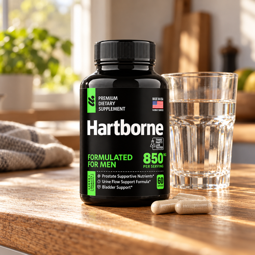 Hartborne bottle beside a glass of water in a morning kitchen